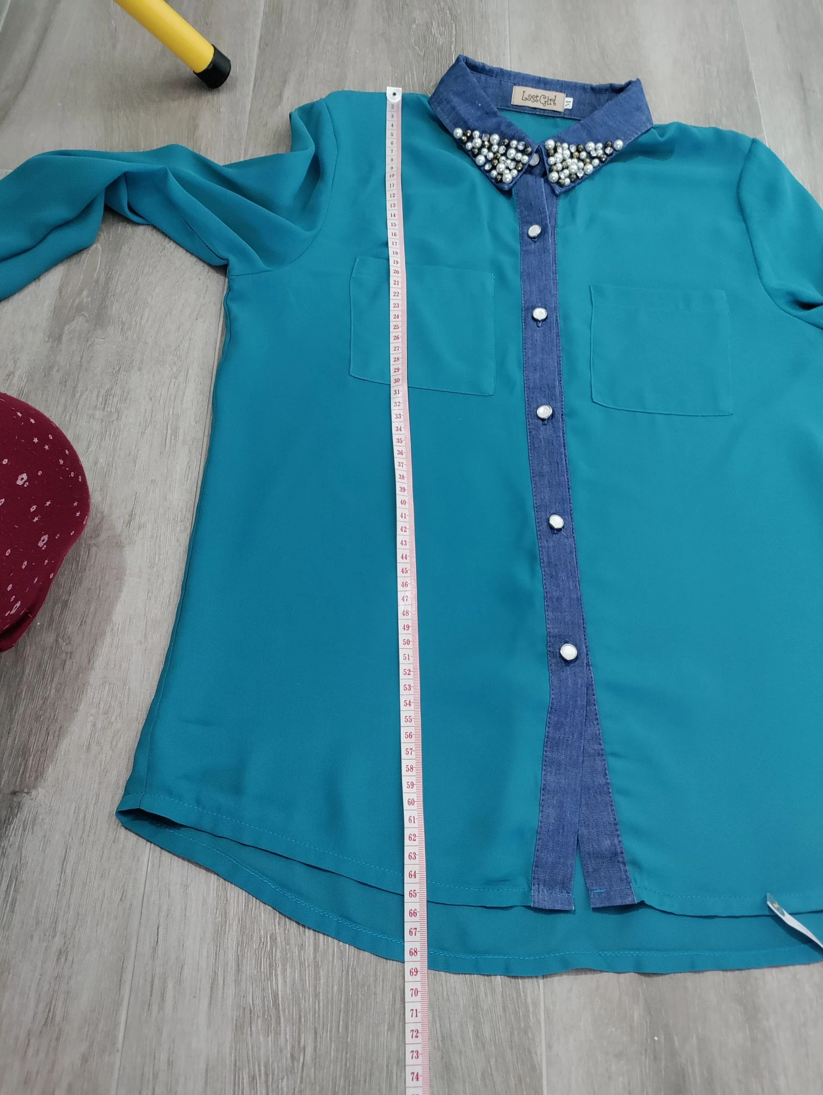 Blusa verde com gola joya 💎 pérolas e denim | tamanho M – photo 14
